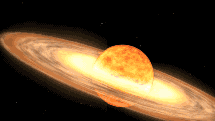 A gif showing a bright yellow star moving toward the right of the screen with a disk of matter around it. A poof of white gas blows up toward the left of the disk.